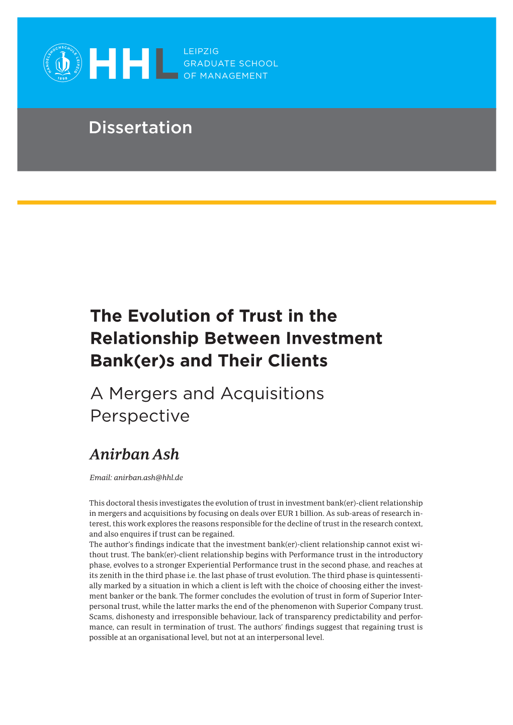 The Evolution of Trust in the Relationship Between Investment Bank(Er)S and Their Clients a Mergers and Acquisitions Perspective