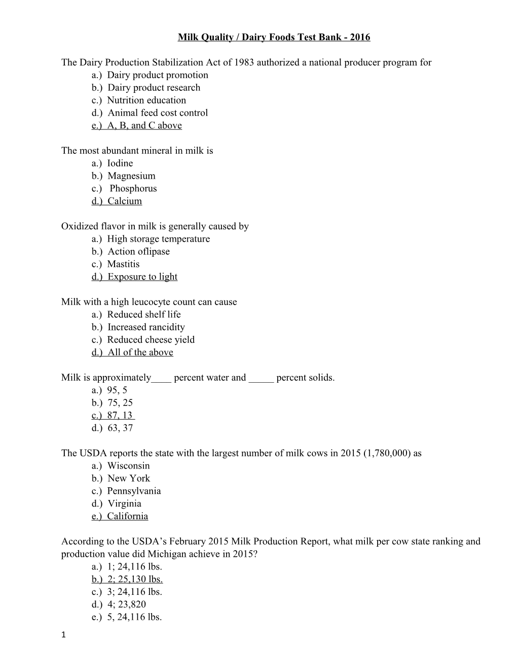 Milk Quality / Dairy Foods Test Bank - 2016