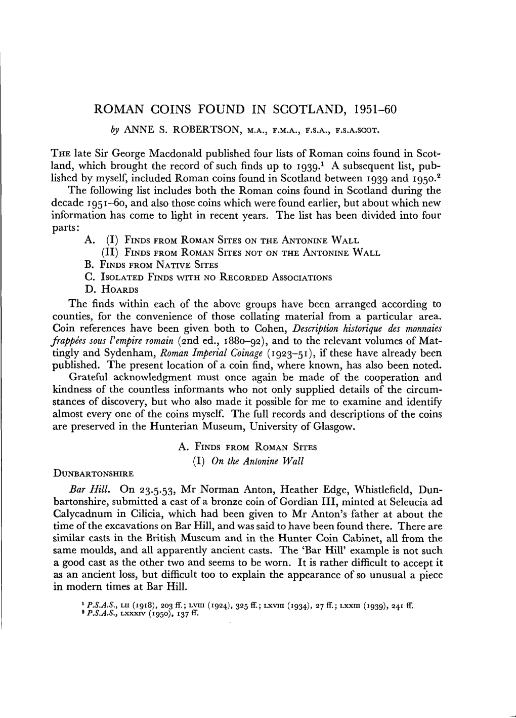 ROMAN COINS FOUND in SCOTLAND, 1951-60 by ANN