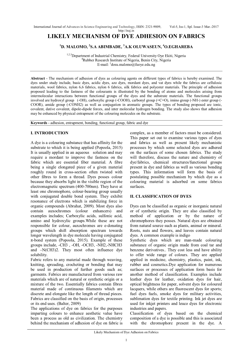 Likely Mechanism of Dye Adhesion on Fabrics