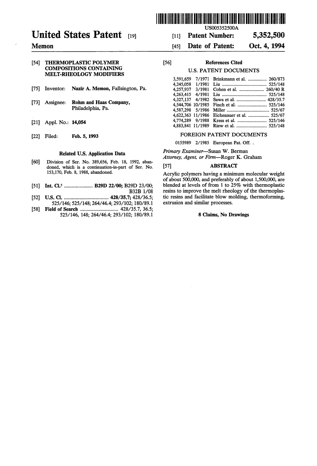 United States Patent 19 11 Patent Number: 5,352,500 Memon 45 Date of Patent: Oct