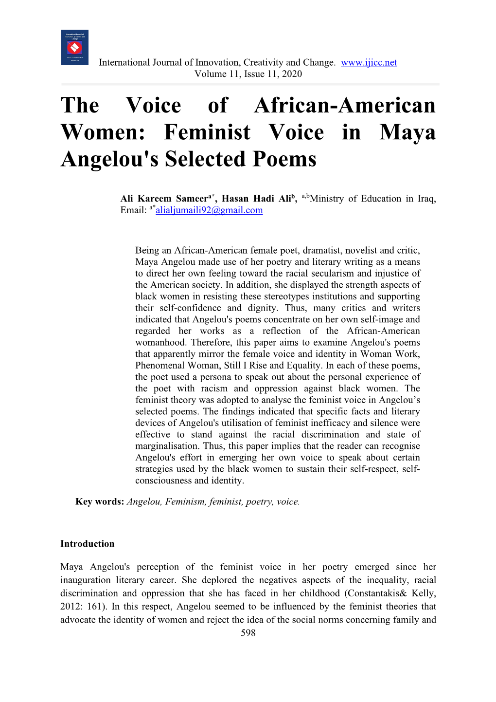 The Voice of African-American Women: Feminist Voice in Maya Angelou's Selected Poems