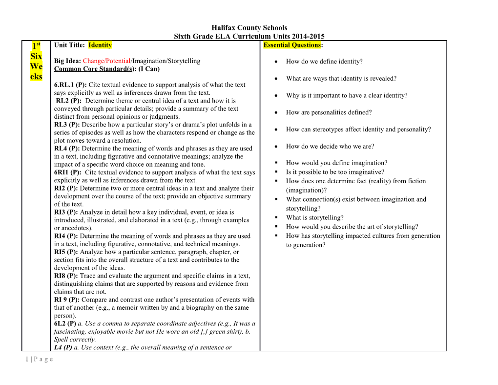 Sixth Grade ELA Curriculum Units 2014-2015