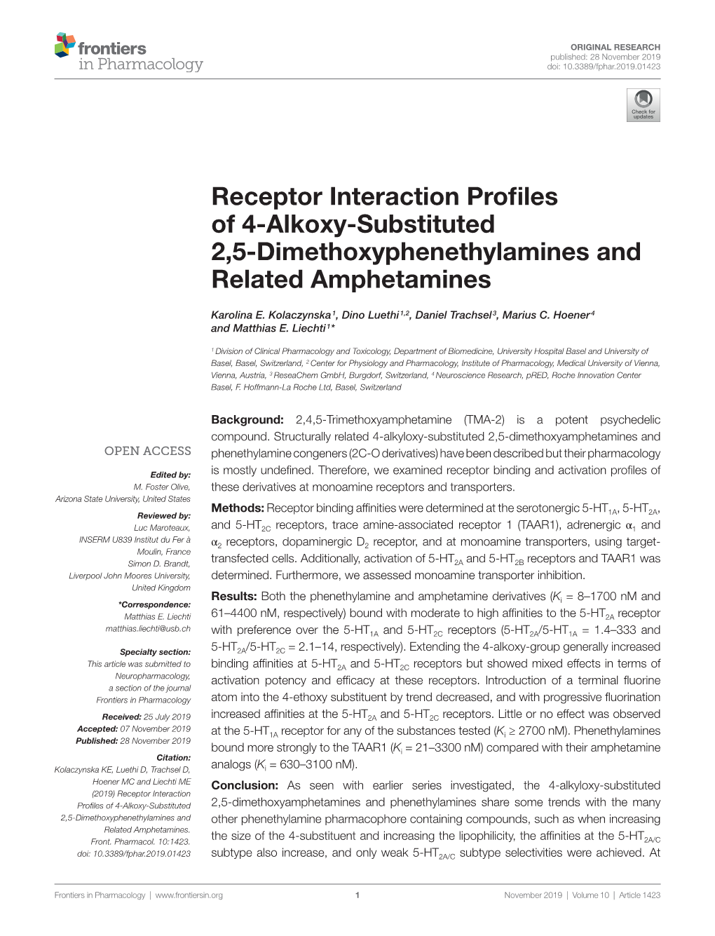 Receptor Interaction Profiles of 4-Alkoxy-Substituted 2,5-Dimethoxyphenethylamines and Related Amphetamines