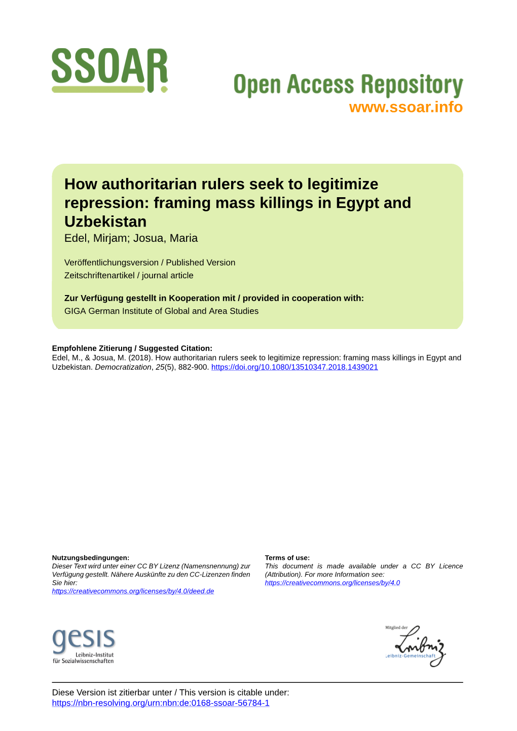 How Authoritarian Rulers Seek to Legitimize Repression: Framing Mass Killings in Egypt and Uzbekistan Edel, Mirjam; Josua, Maria