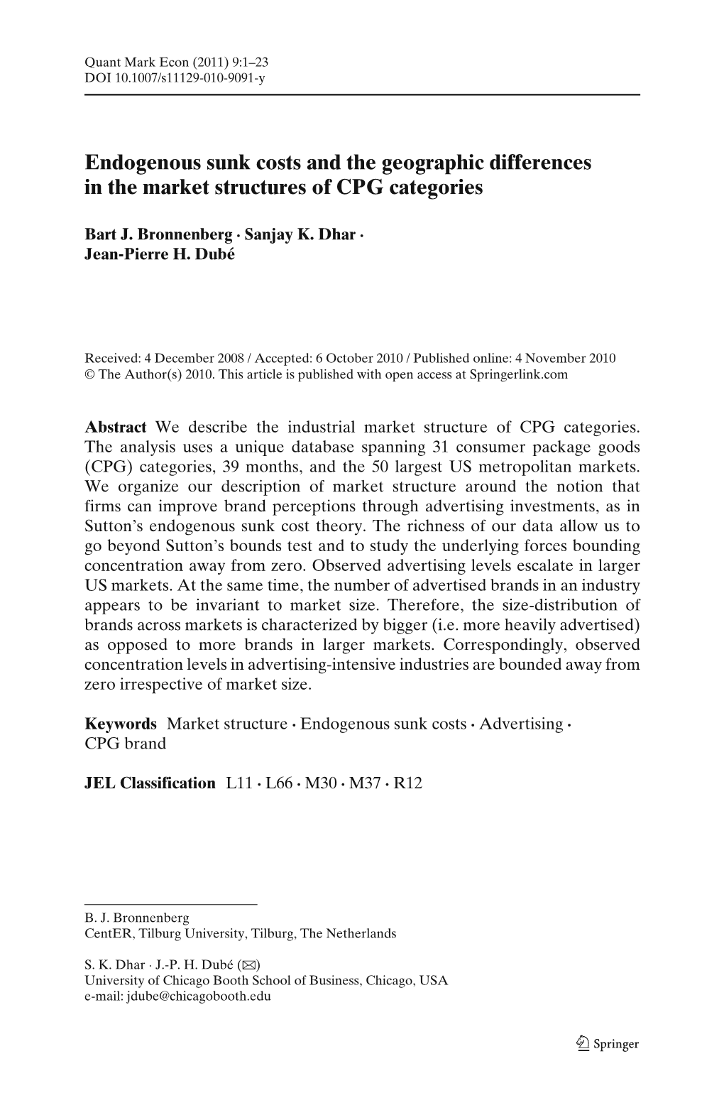 Endogenous Sunk Costs and the Geographic Differences in the Market Structures of CPG Categories