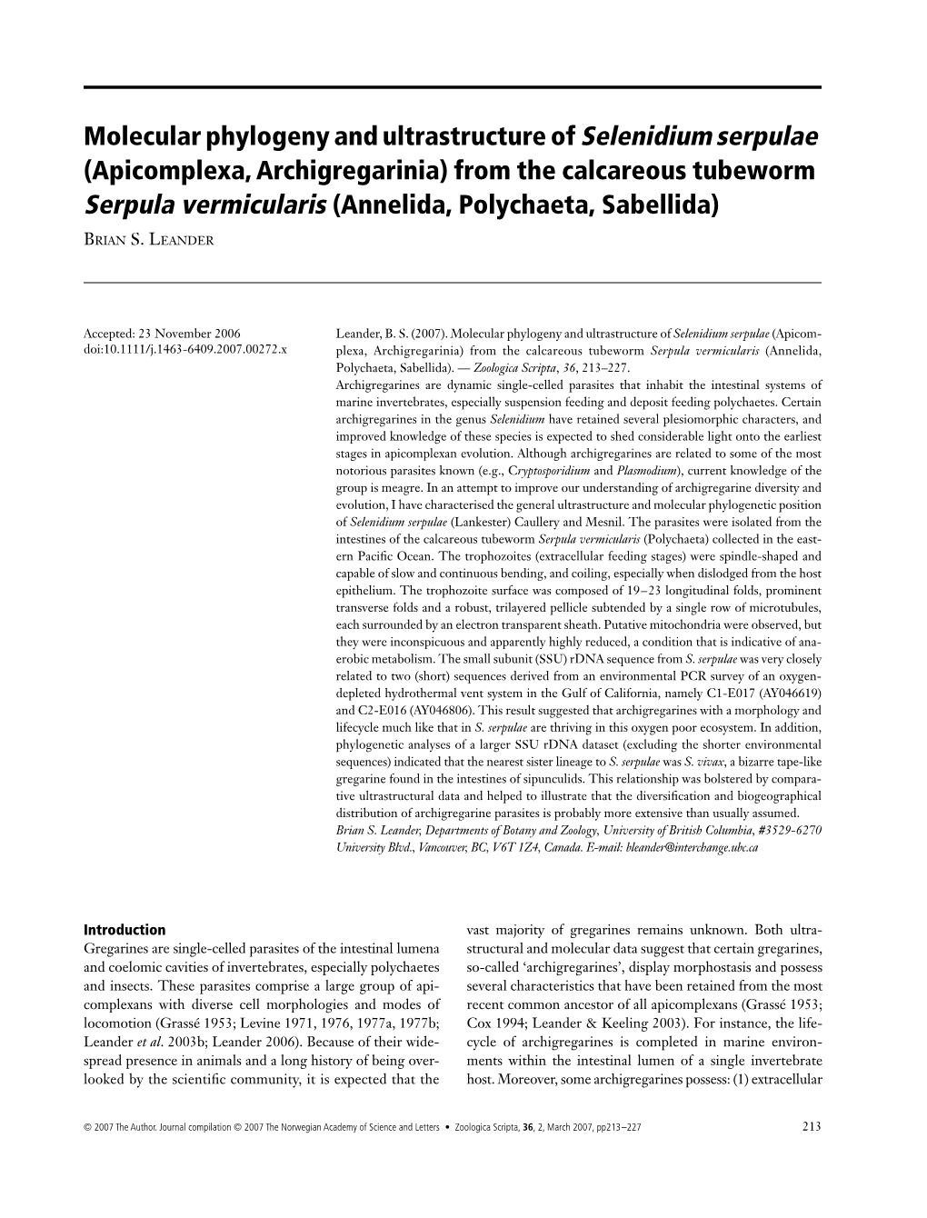 Molecular Phylogeny and Ultrastructure of Selenidium Serpulae