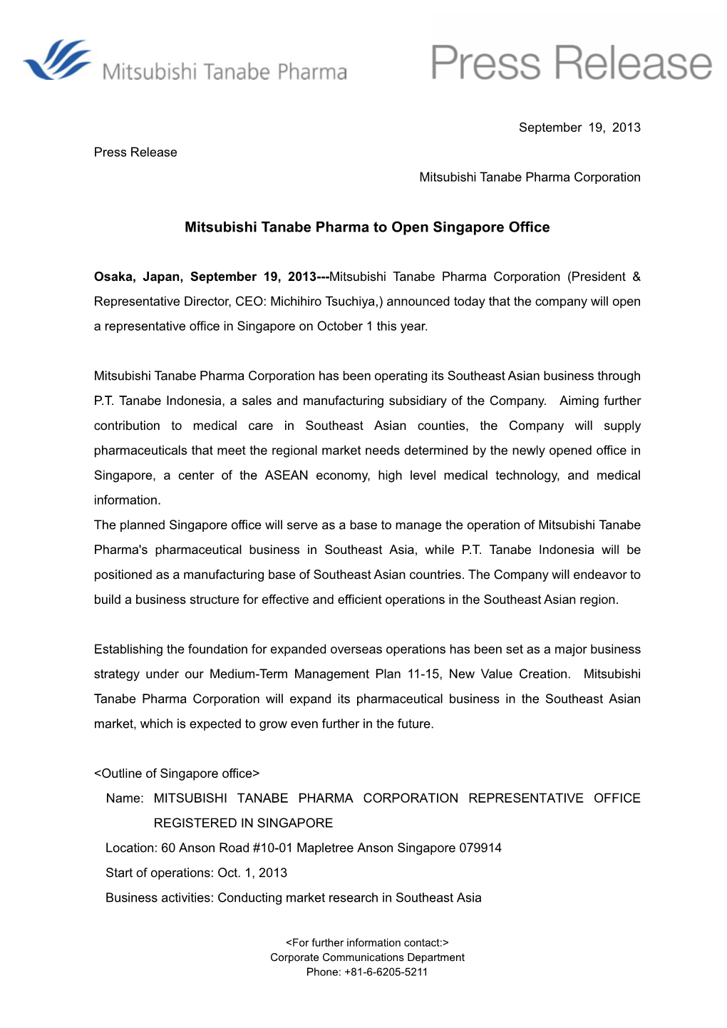 Mitsubishi Tanabe Pharma to Open Singapore Office