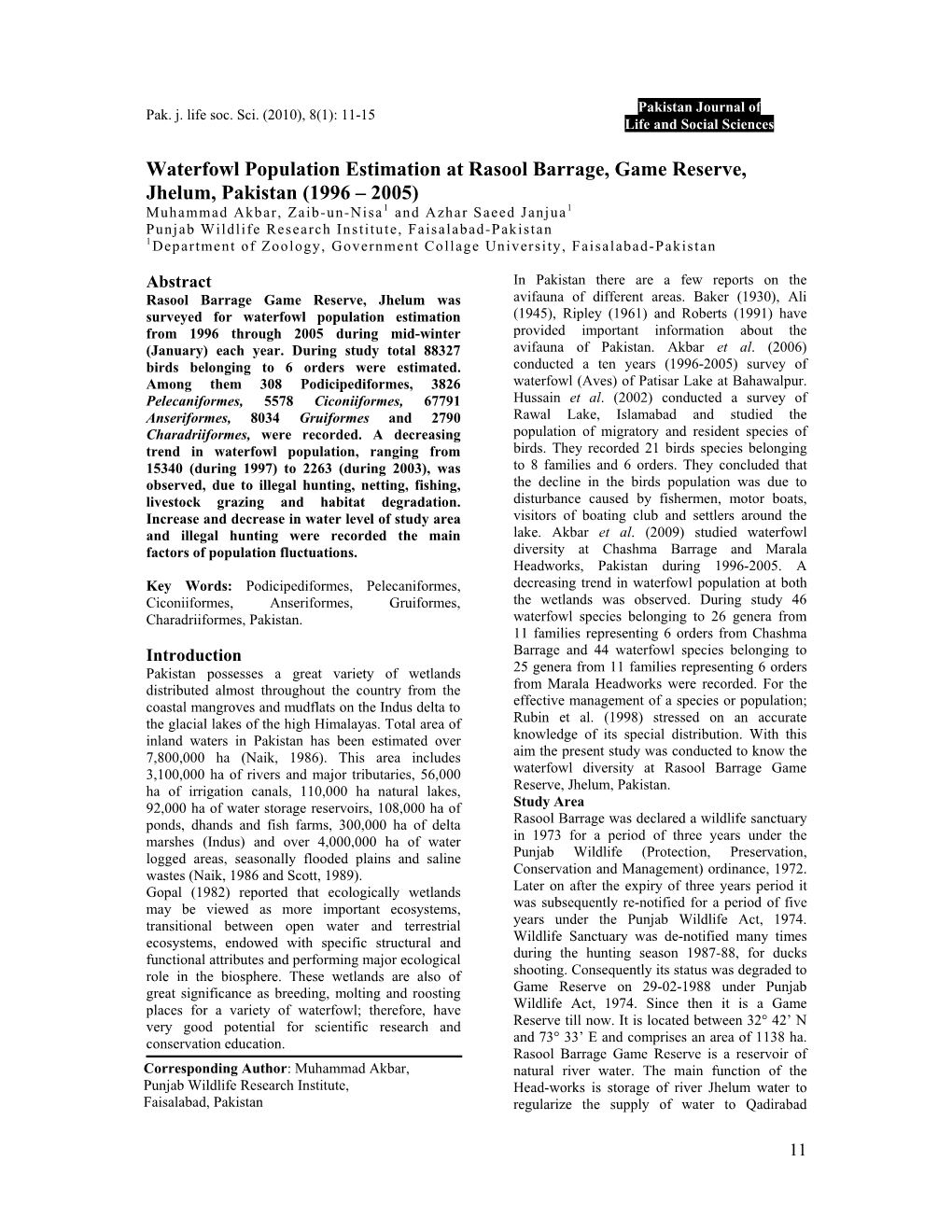 Waterfowl Population Estimation at Rasool Barrage, Game Reserve