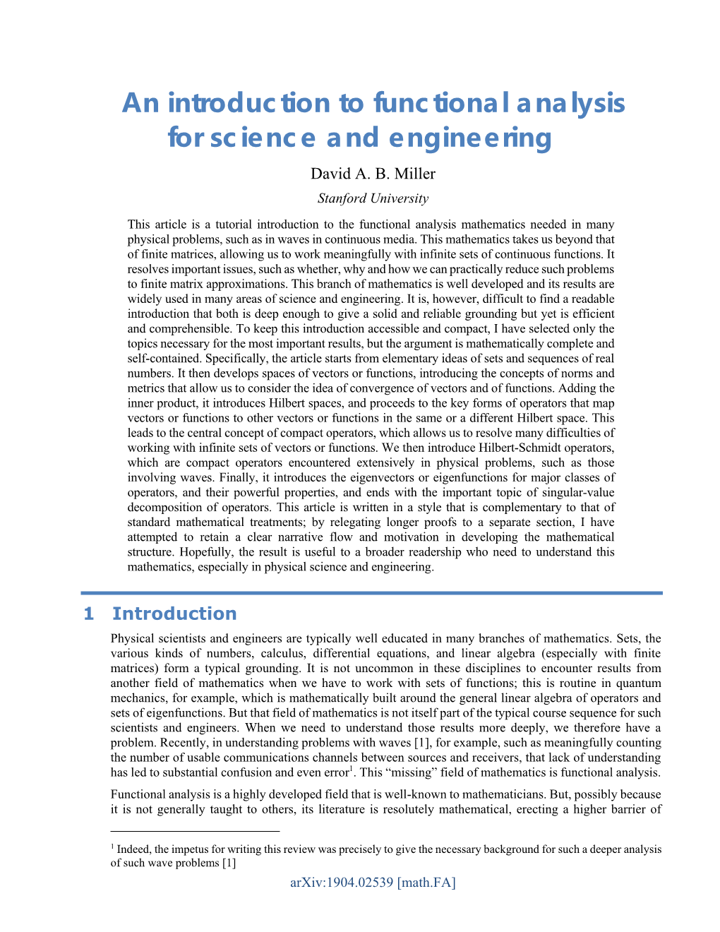 An Introduction to Functional Analysis for Science and Engineering David A