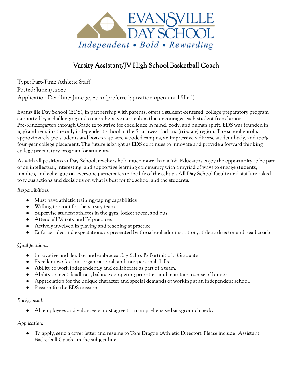 Varsity Assistant/JV High School Basketball Coach