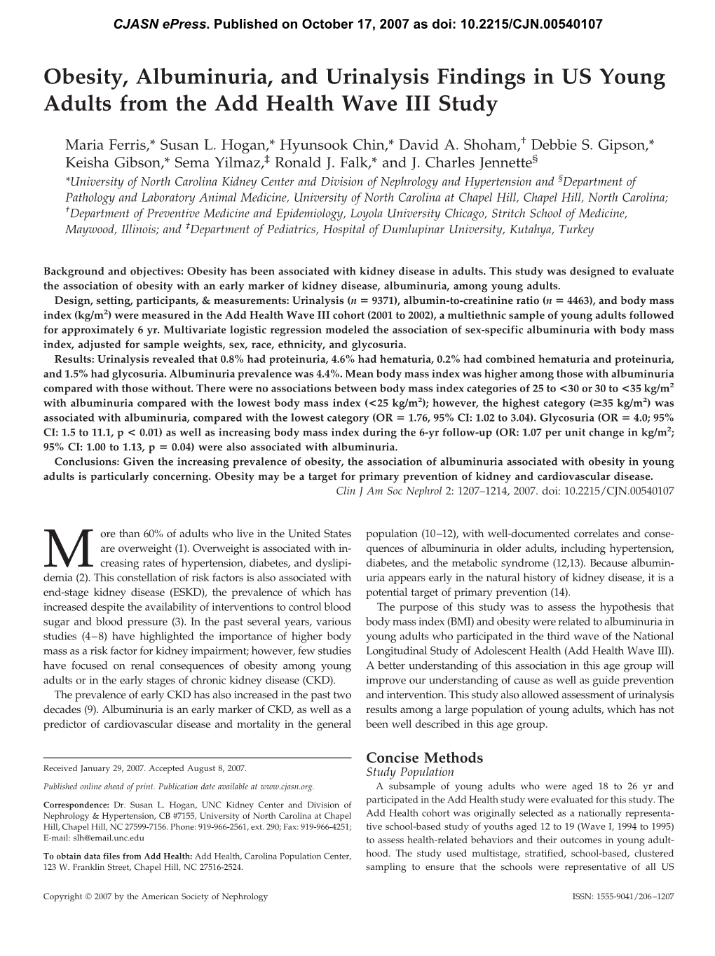 Obesity, Albuminuria, and Urinalysis Findings in US Young Adults from the Add Health Wave III Study