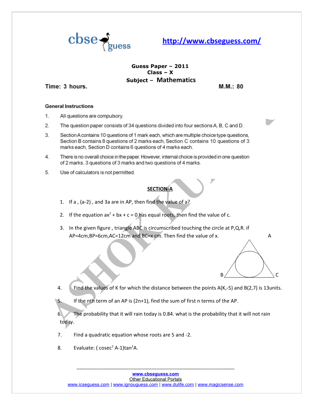 Guess Paper 2011 Class X Subject Mathematics