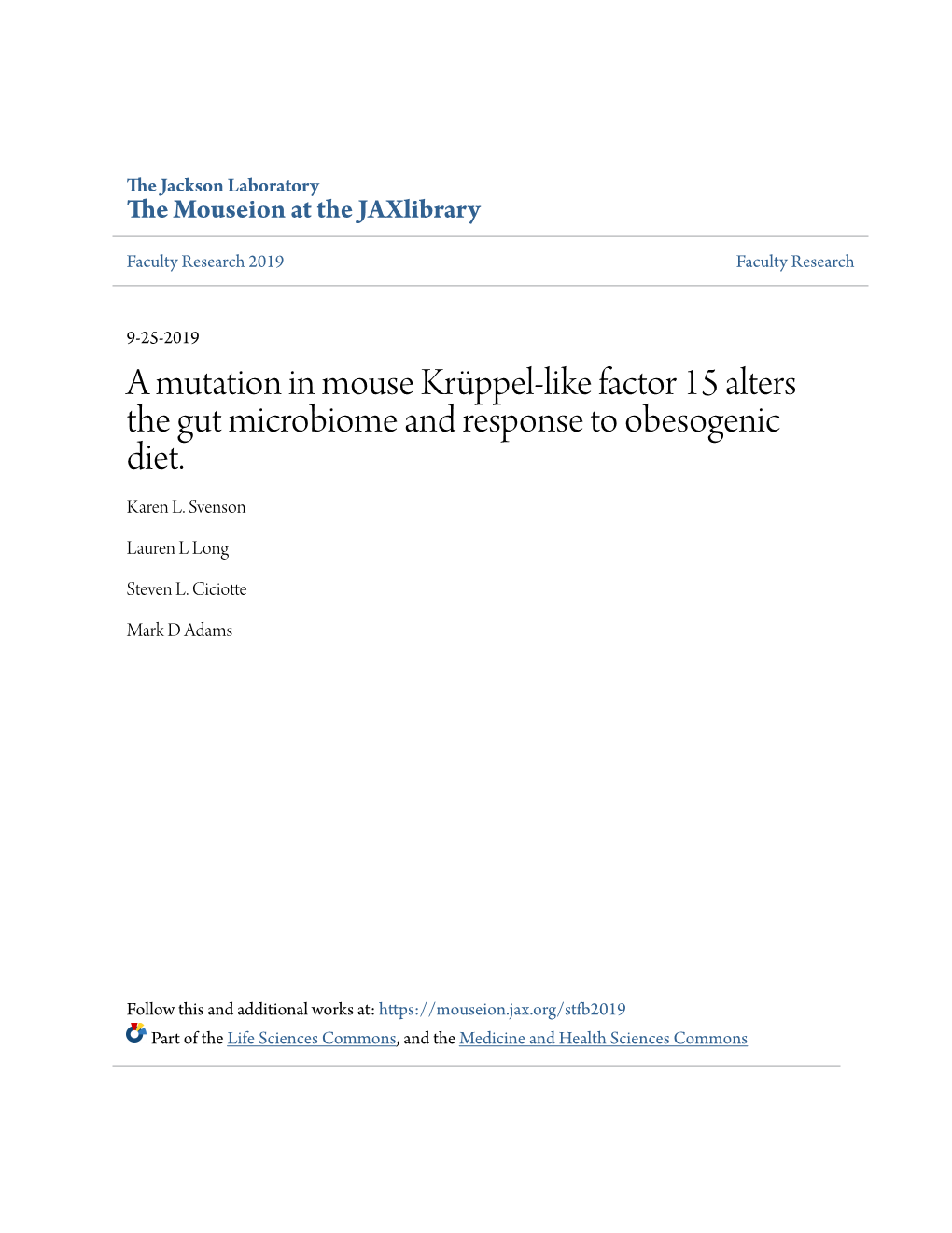 A Mutation in Mouse Krüppel-Like Factor 15 Alters the Gut Microbiome and Response to Obesogenic Diet