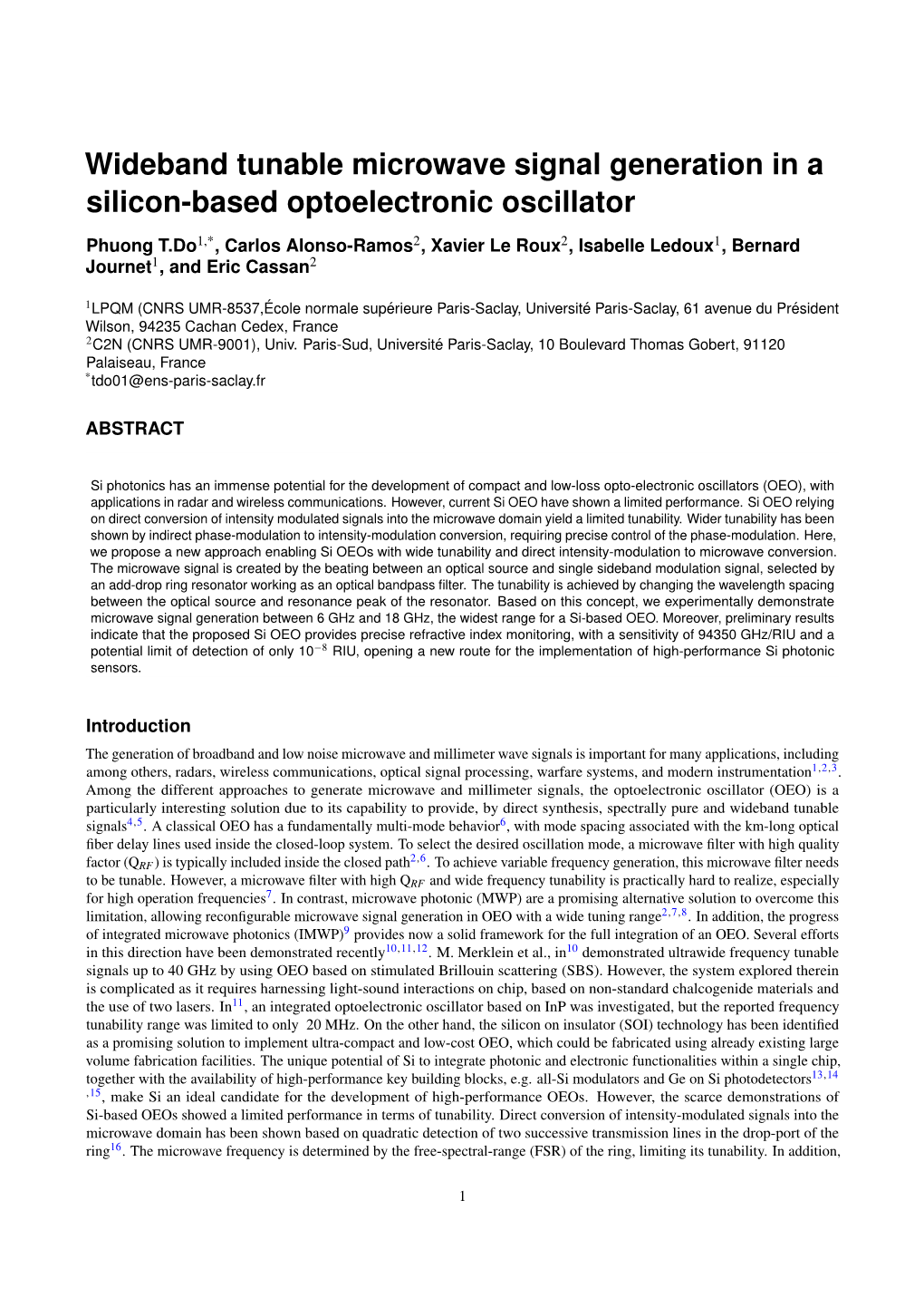 Wideband Tunable Microwave Signal Generation in a Silicon-Based Optoelectronic Oscillator