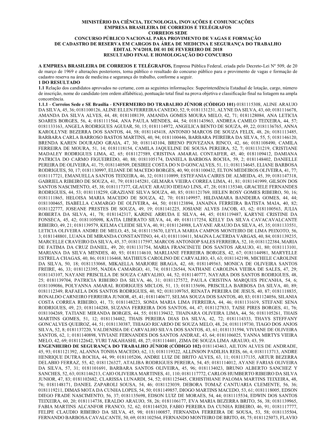 Ministério Da Ciência, Tecnologia, Inovações E Comunicações Empresa Brasileira De Correios E Telégrafos Correios Sede