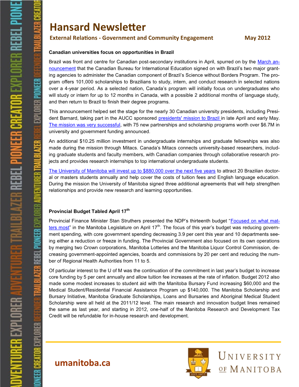 Hansard Newsletter External Relations - Government and Community Engagement May 2012