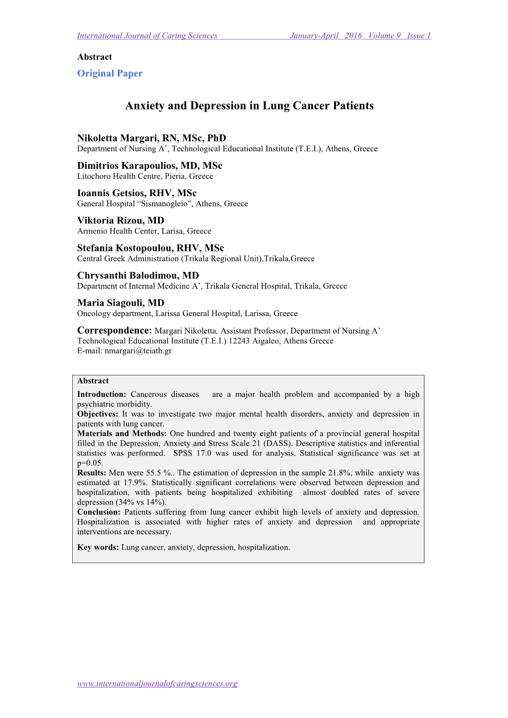 Anxiety and Depression in Lung Cancer Patients