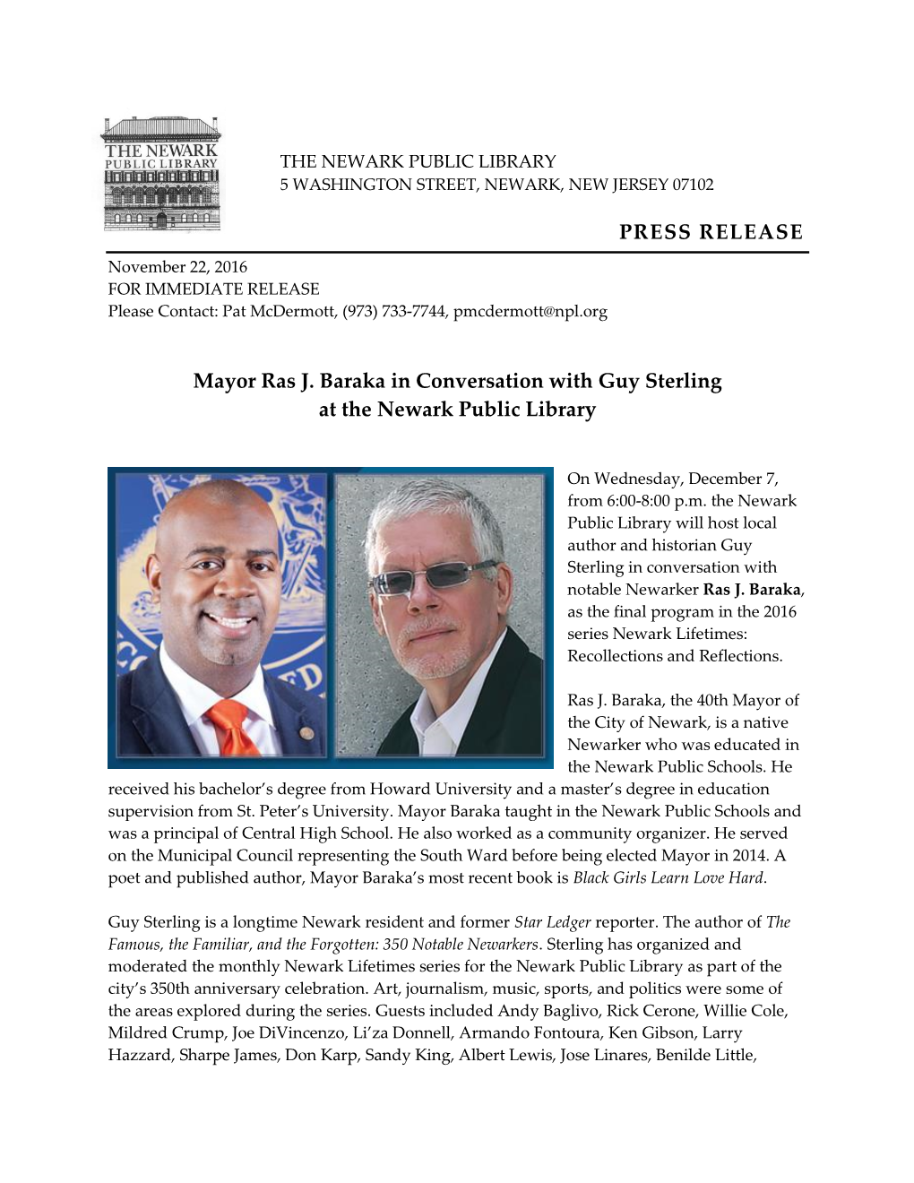 Mayor Ras J. Baraka in Conversation with Guy Sterling at the Newark Public Library