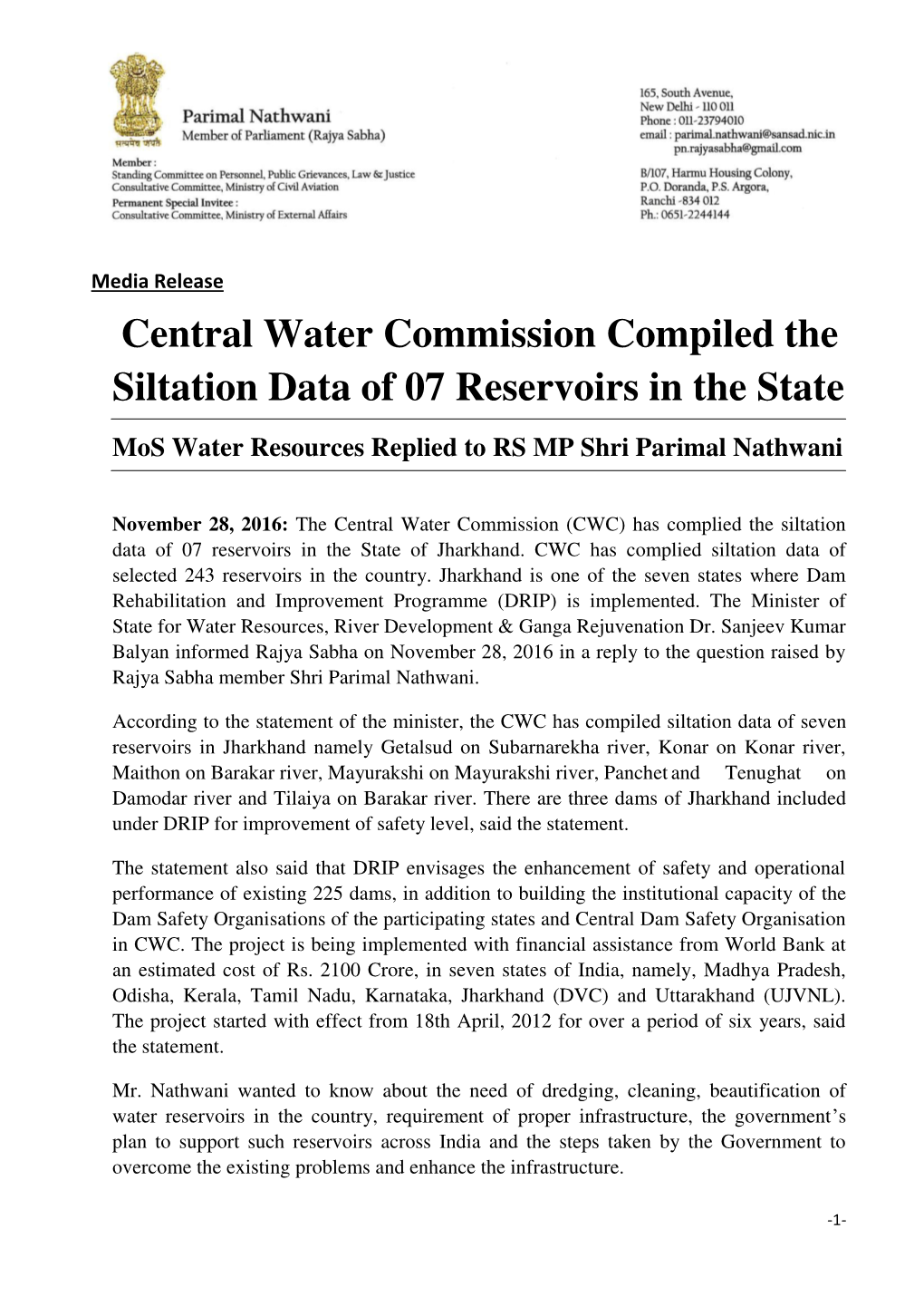 Central Water Commission Compiled the Siltation Data of 07 Reservoirs in the State