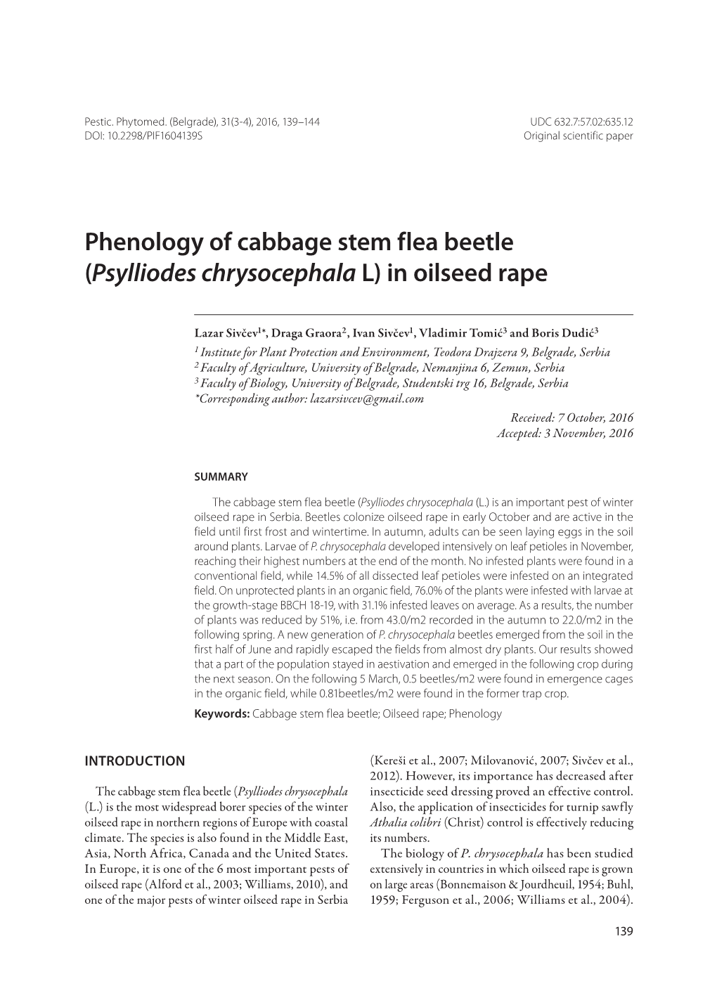 Phenology of Cabbage Stem Flea Beetle (Psylliodes Chrysocephala L) in Oilseed Rape