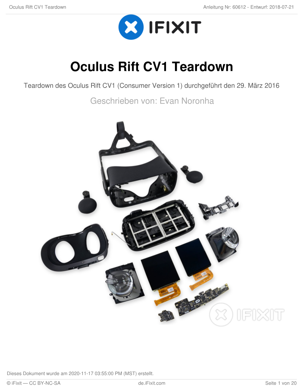 Oculus Rift CV1 Teardown Anleitung Nr: 60612 - Entwurf: 2018-07-21