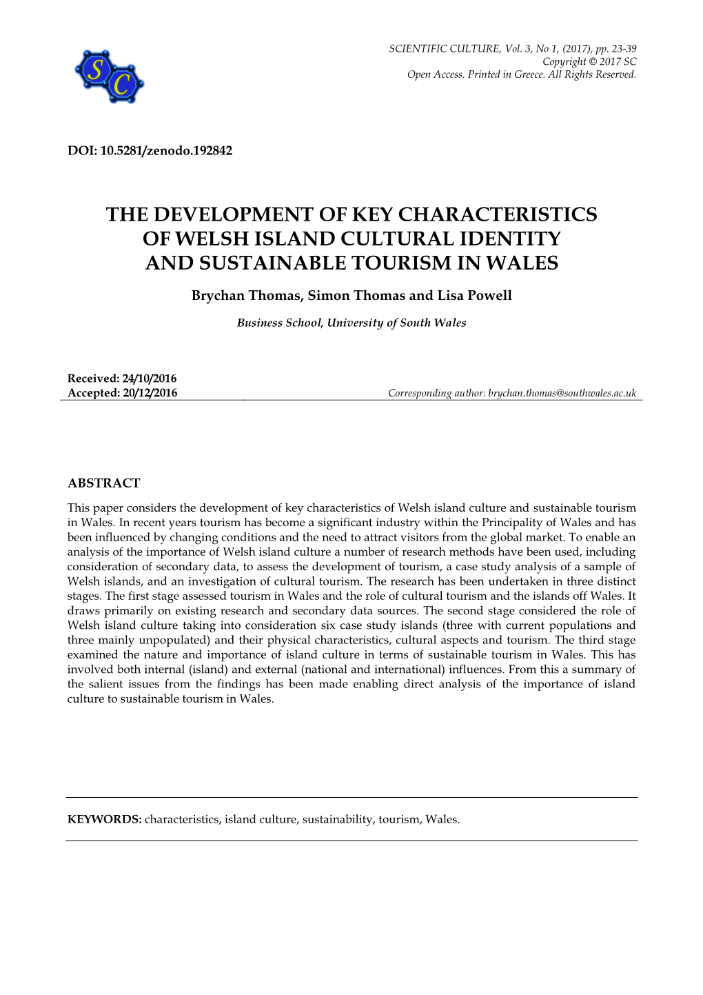 The Development of Key Characteristics of Welsh Island Cultural Identity and Sustainable Tourism in Wales