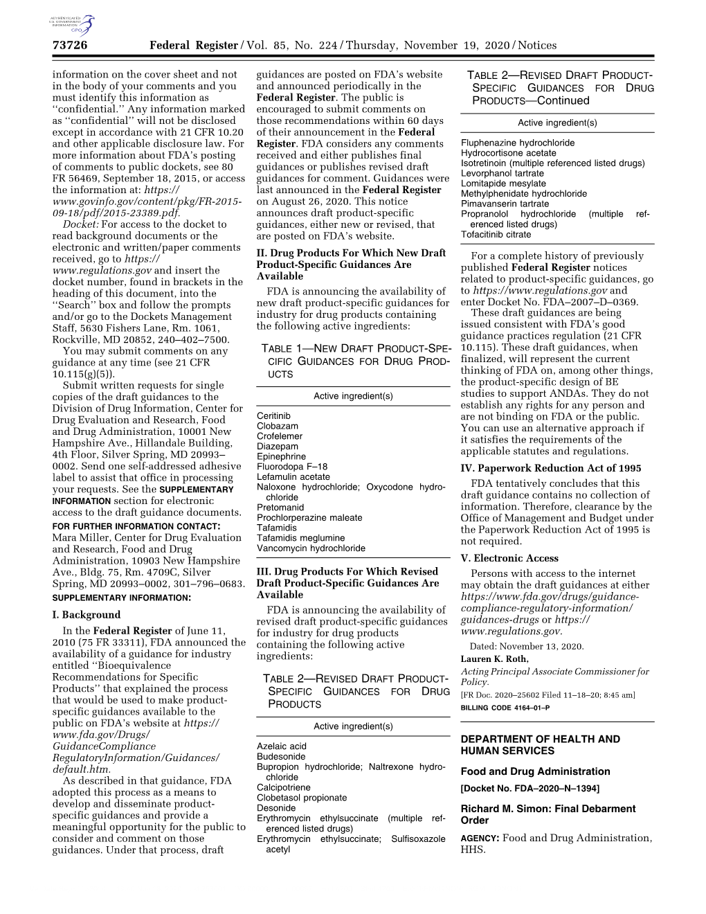 Federal Register/Vol. 85, No. 224/Thursday, November 19, 2020/Notices PRODUCTS—Continued