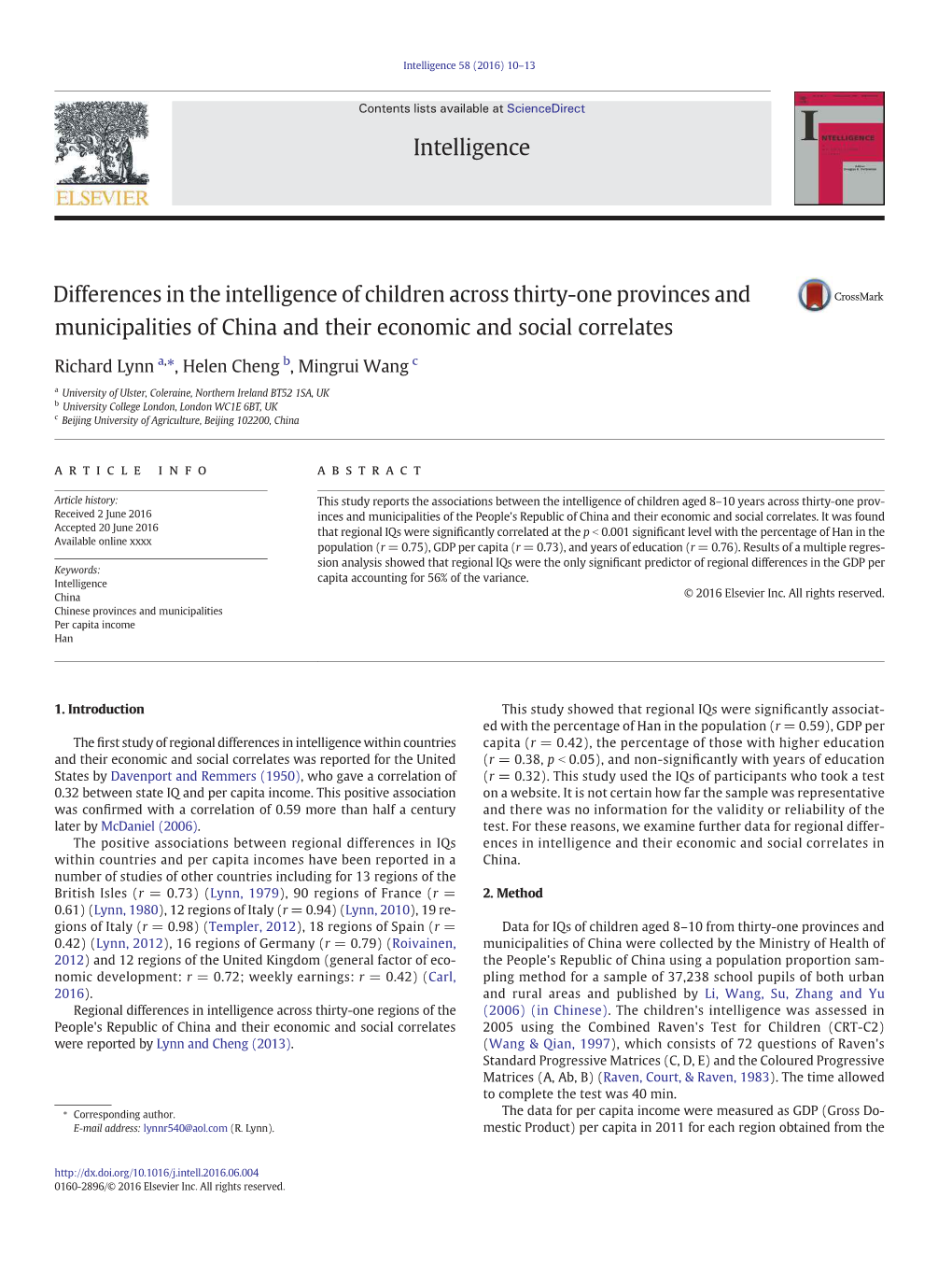 Differences in the Intelligence of Children Across Thirty-One Provinces and Municipalities of China and Their Economic and Social Correlates