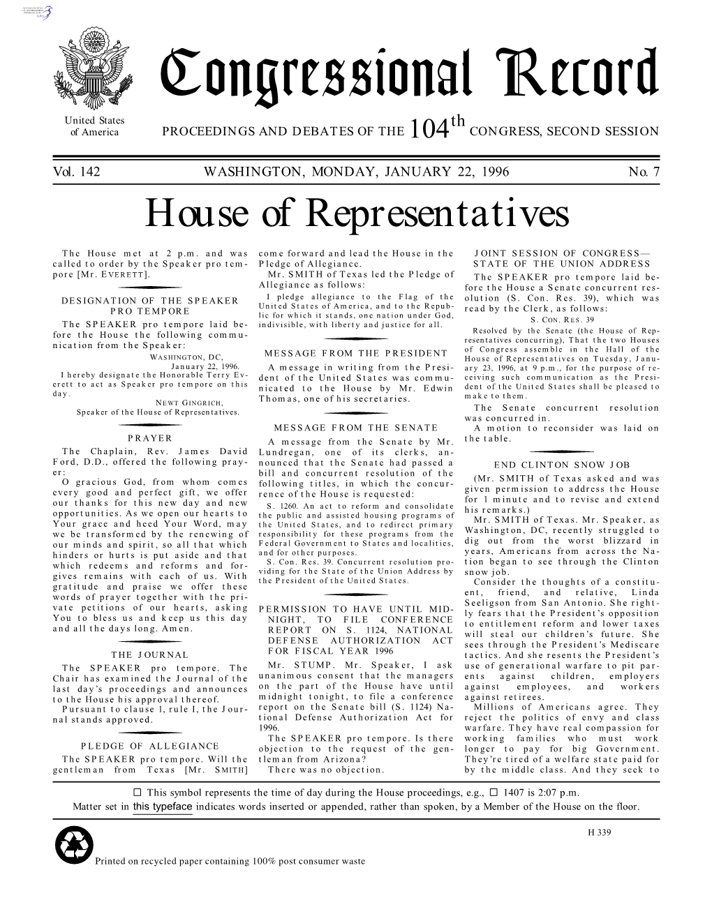 Congressional Record United States Th of America PROCEEDINGS and DEBATES of the 104 CONGRESS, SECOND SESSION