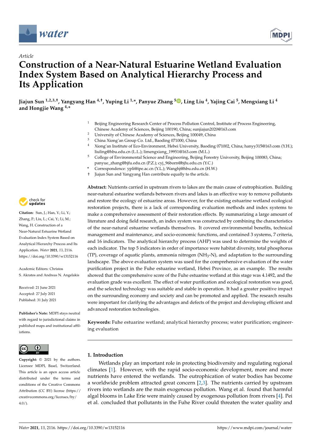 Construction of a Near-Natural Estuarine Wetland Evaluation Index System Based on Analytical Hierarchy Process and Its Application