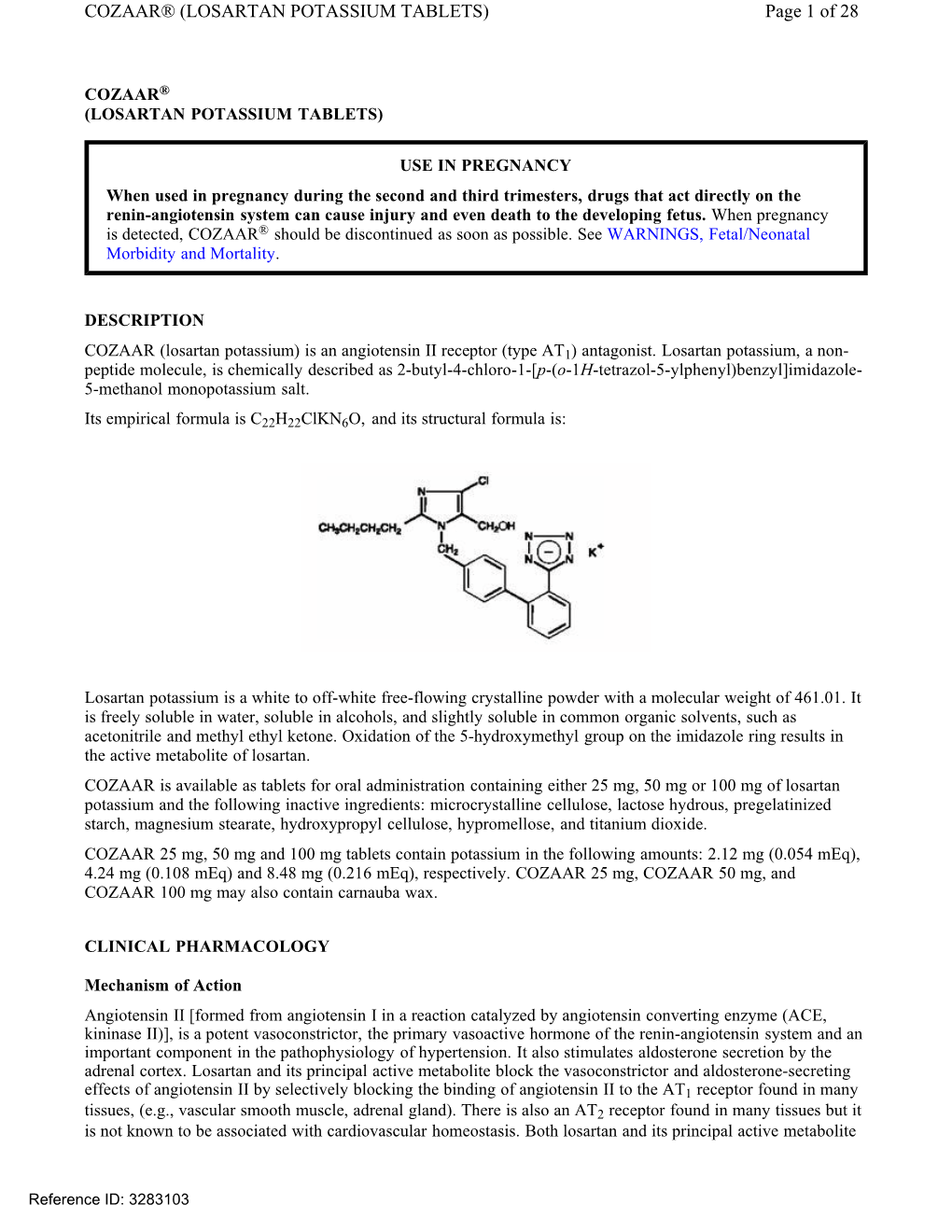 COZAAR® (LOSARTAN POTASSIUM TABLETS) Page 1 of 28