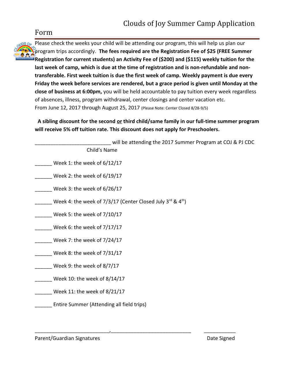 Clouds of Joy Summer Camp Application Form