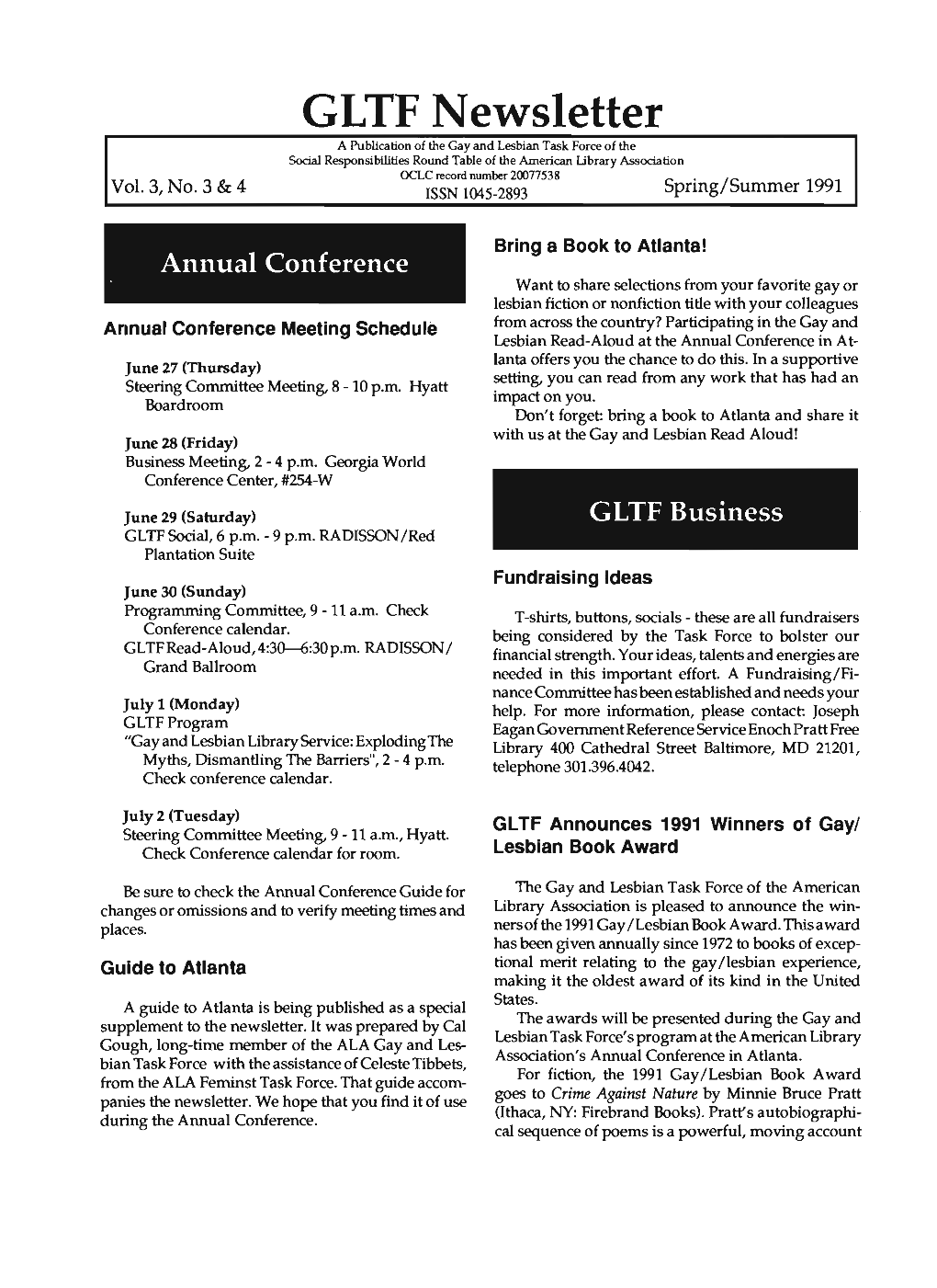 GLTF Newsletter, Vol. 3, No. 3 & 4, Spring/Summer 1991