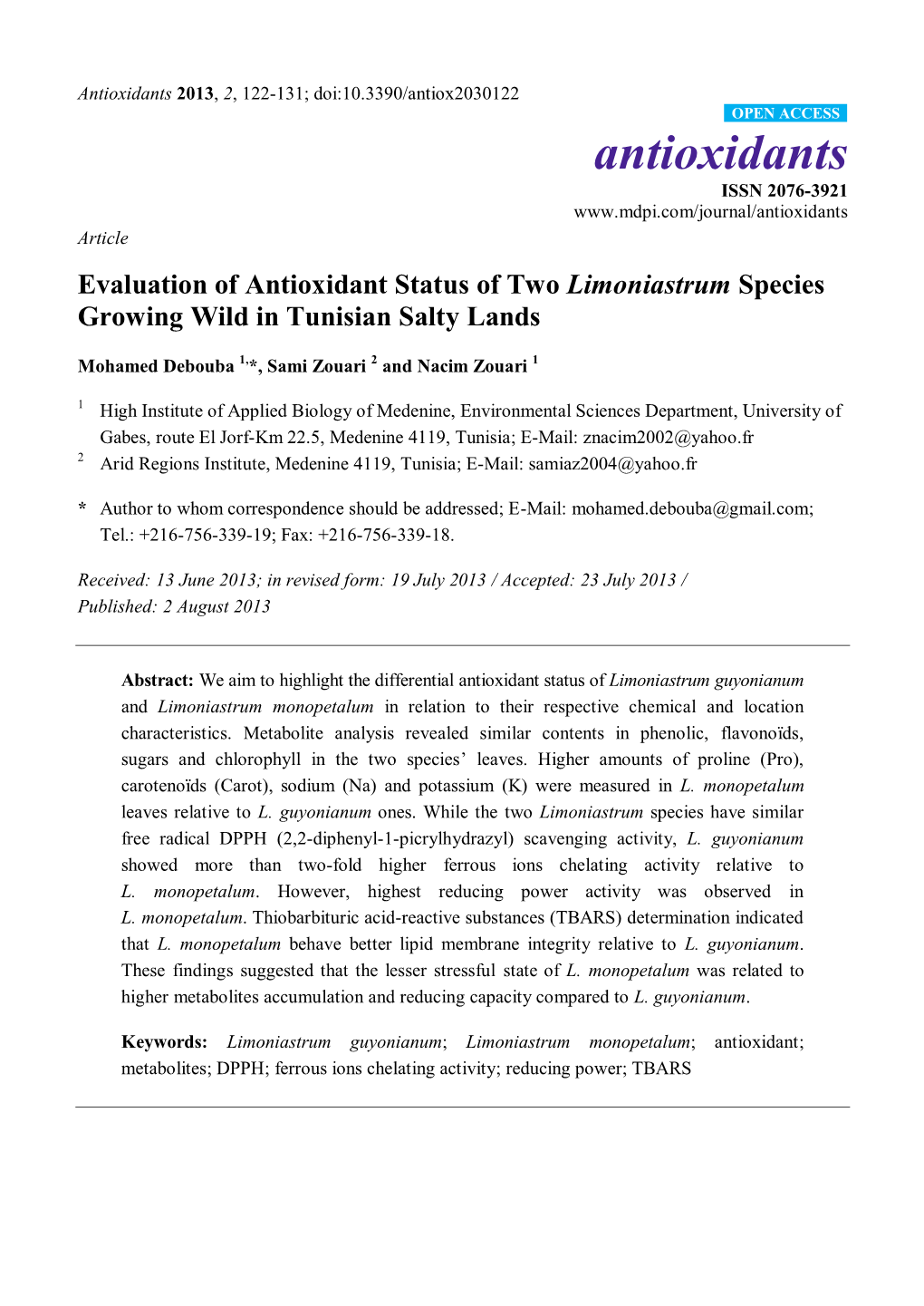 Evaluation of Antioxidant Status of Two Limoniastrum Species Growing Wild in Tunisian Salty Lands