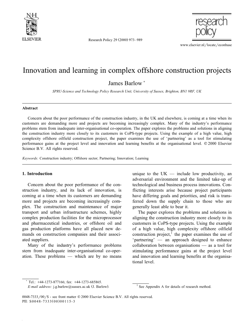 Innovation and Learning in Complex Offshore Construction Projects