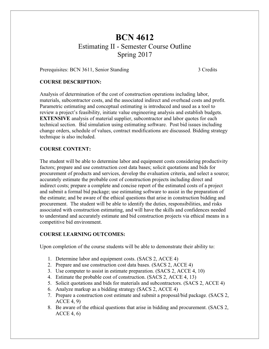 Estimating II - Semester Course Outline