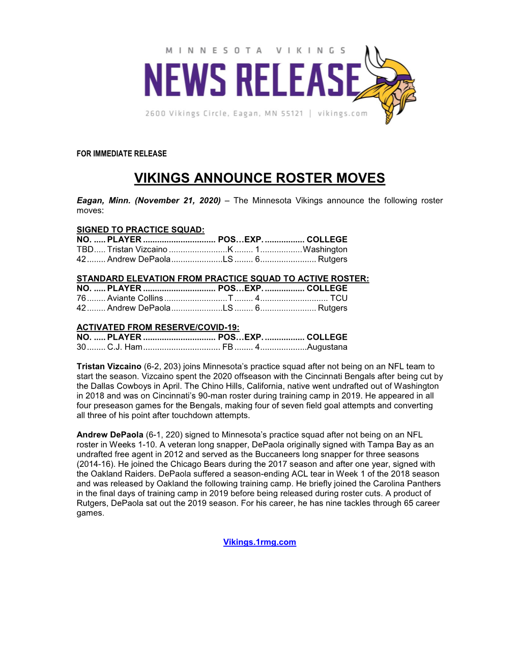 Vikings Announce Roster Moves