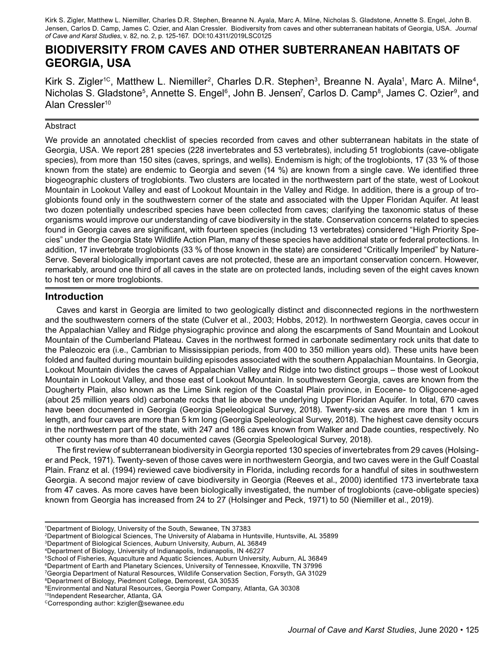 Biodiversity from Caves and Other Subterranean Habitats of Georgia, USA