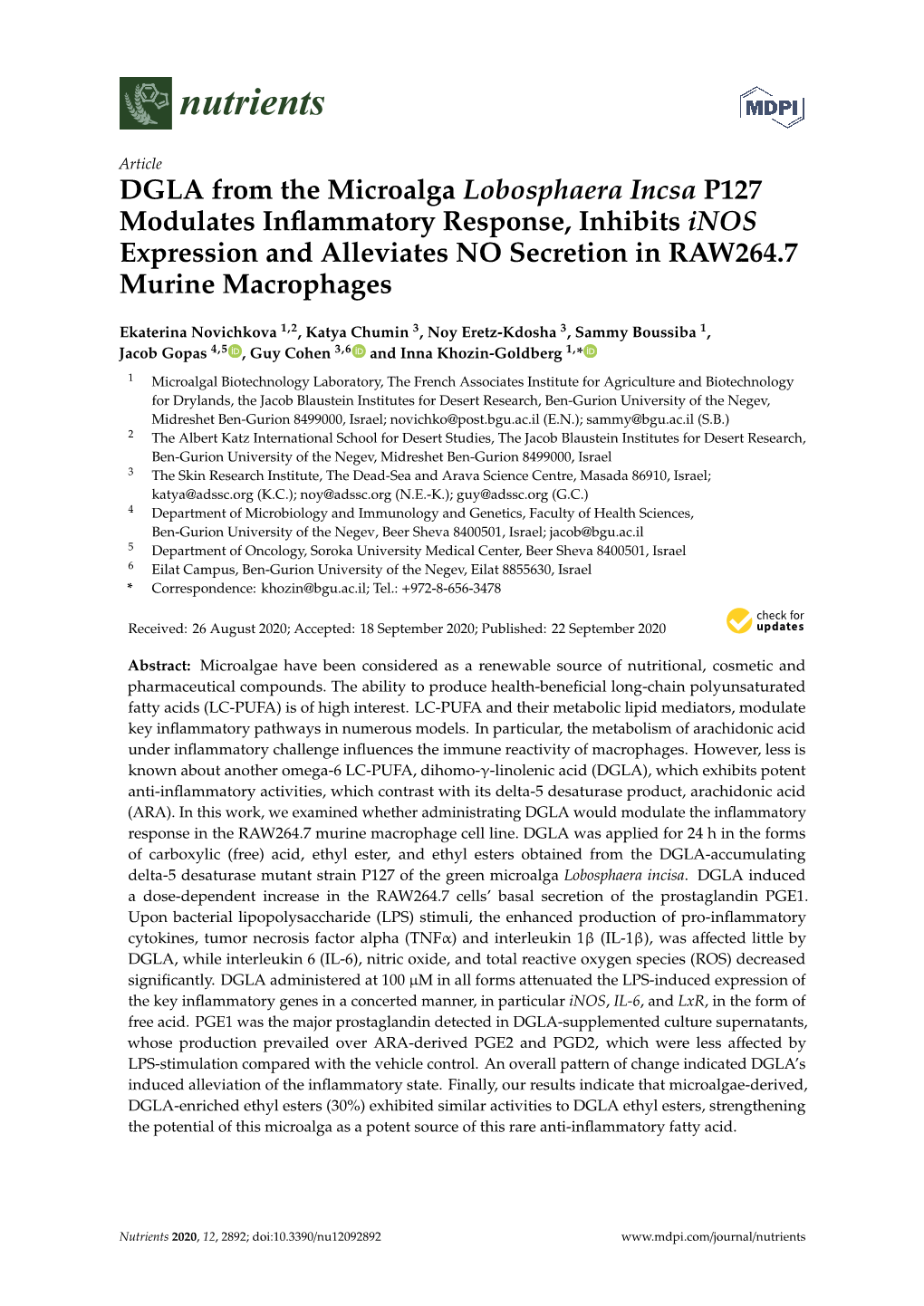 DGLA from the Microalga Lobosphaera Incsa P127 Modulates Inﬂammatory Response, Inhibits Inos Expression and Alleviates NO Secretion in RAW264.7 Murine Macrophages