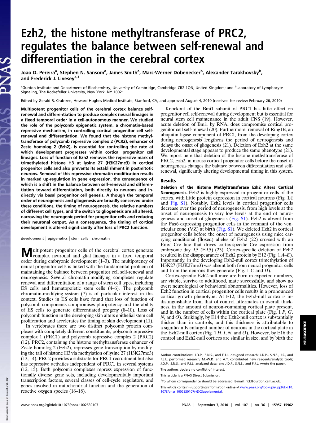 Ezh2, the Histone Methyltransferase of PRC2, Regulates the Balance Between Self-Renewal and Differentiation in the Cerebral Cortex