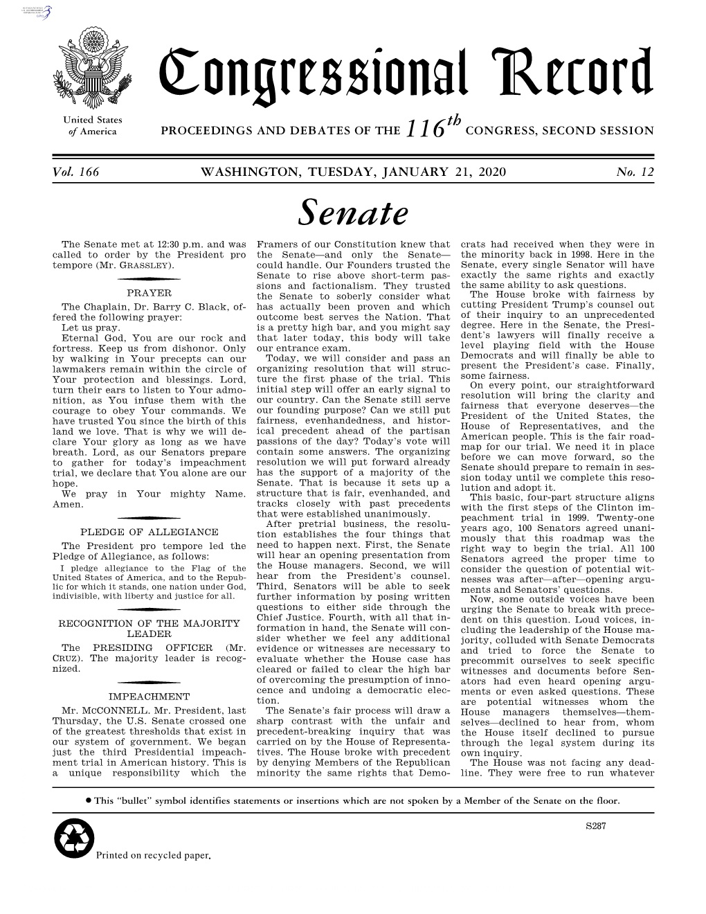 Congressional Record United States Th of America PROCEEDINGS and DEBATES of the 116 CONGRESS, SECOND SESSION