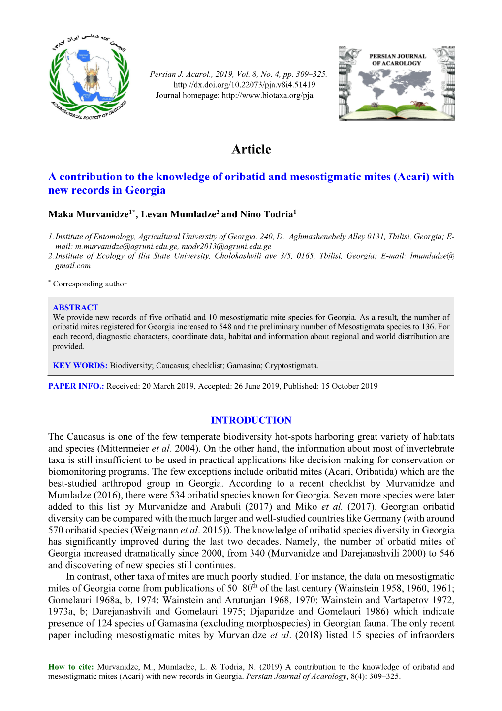 A Contribution to the Knowledge of Oribatid and Mesostigmatic Mites (Acari) with New Records in Georgia