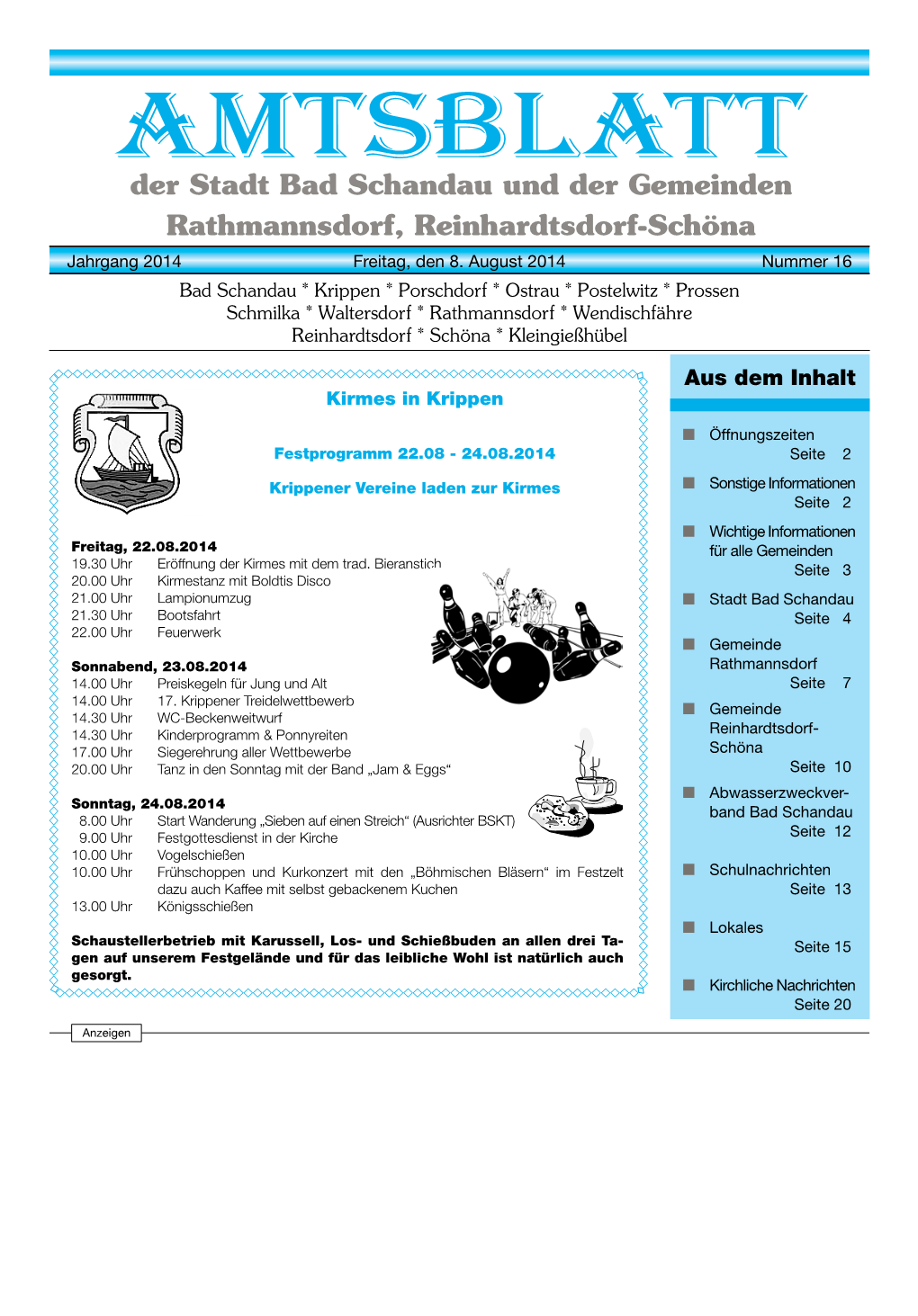 AMTSBLATT Der Stadt Bad Schandau Und Der Gemeinden Rathmannsdorf, Reinhardtsdorf-Schöna Jahrgang 2014 Freitag, Den 8