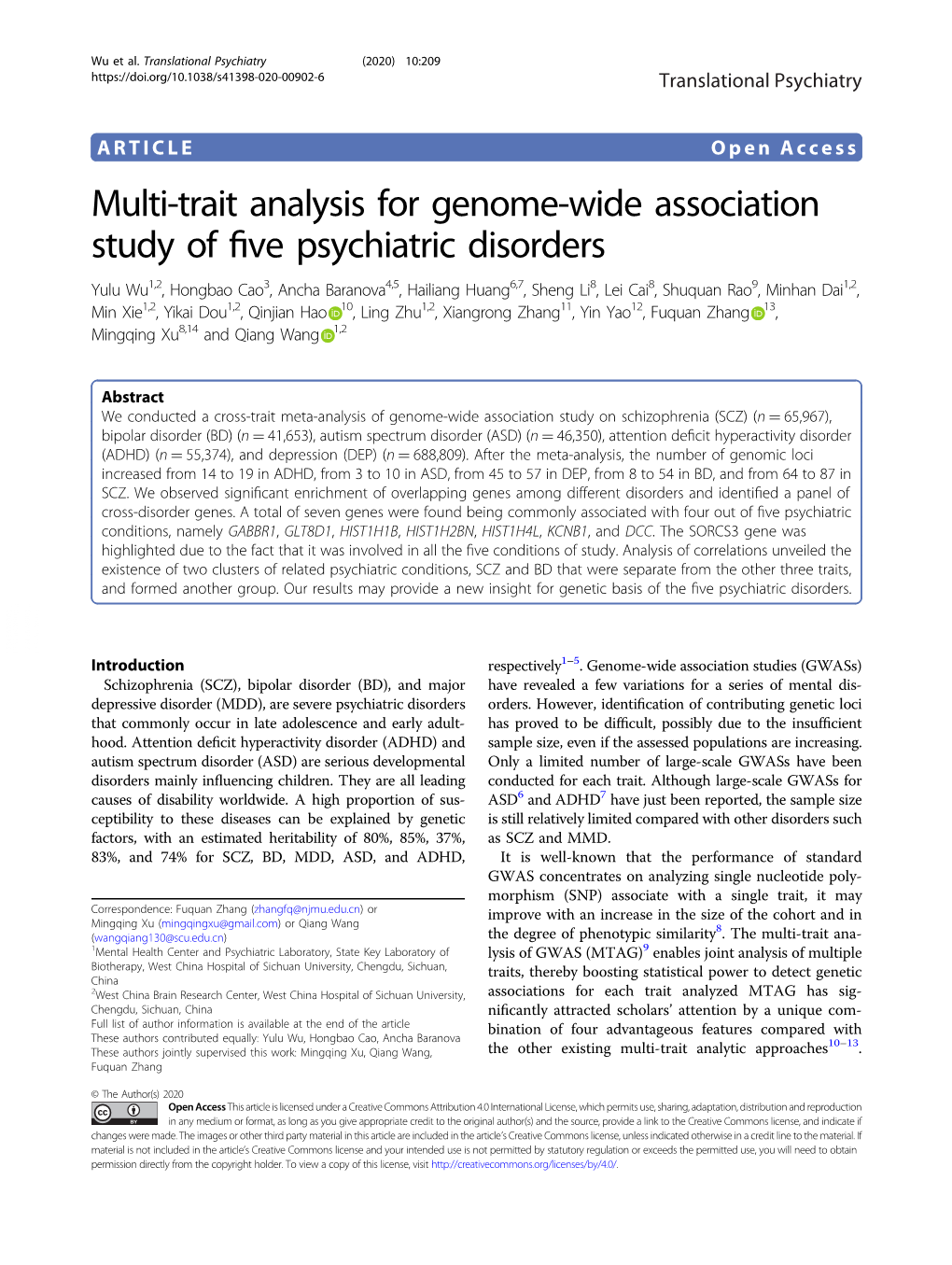 Multi-Trait Analysis for Genome-Wide Association Study of Five Psychiatric