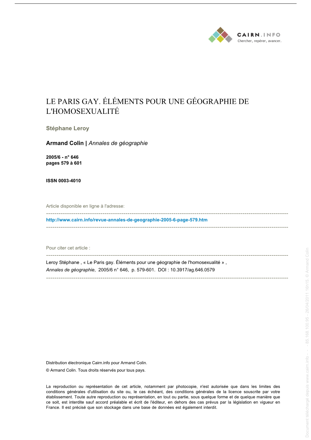 Le Paris Gay. Éléments Pour Une Géographie De L'homosexualité