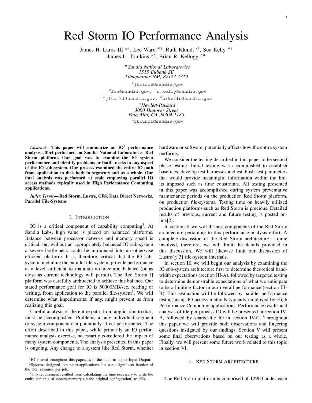 Red Storm IO Performance Analysis James H