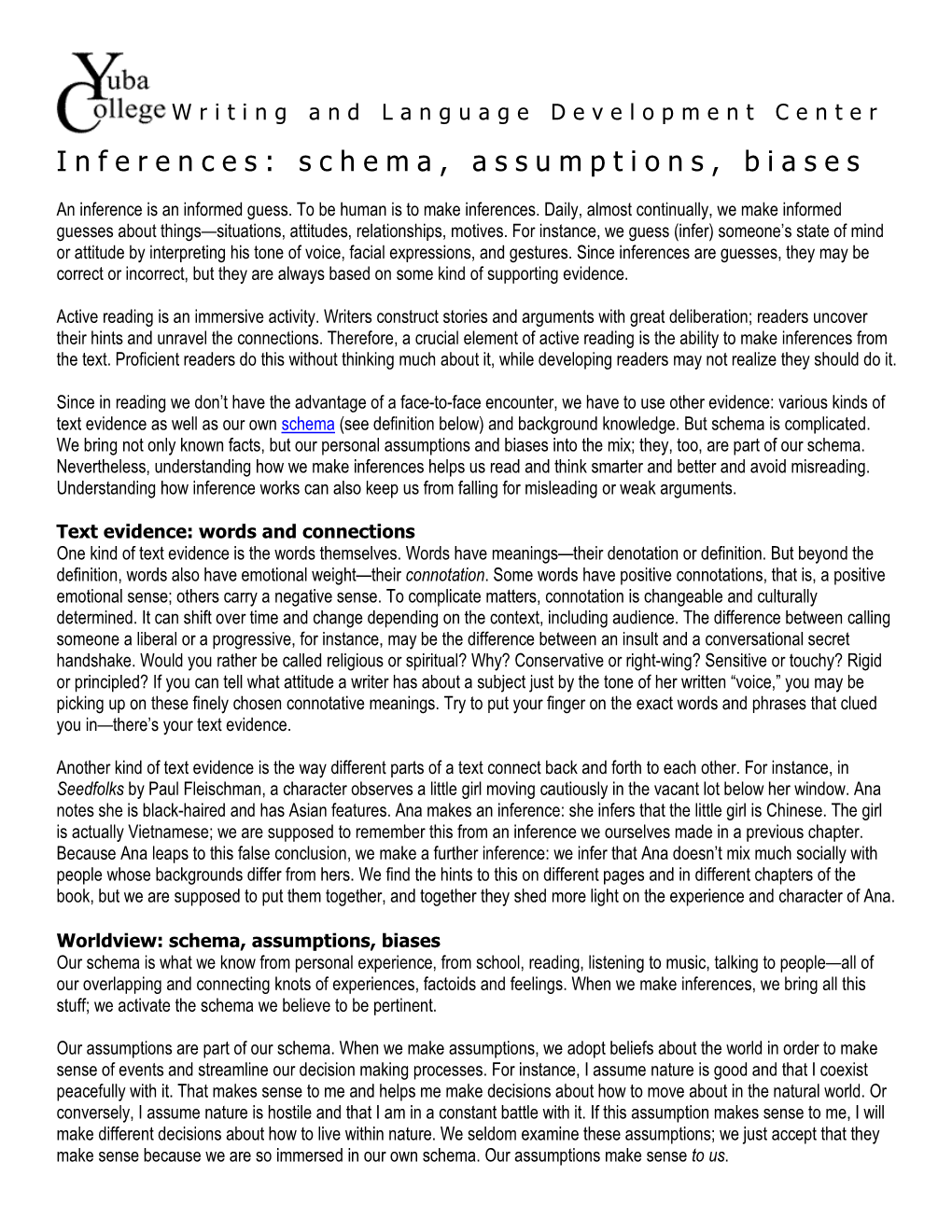 Inferences: Schema, Assumptions, Biases