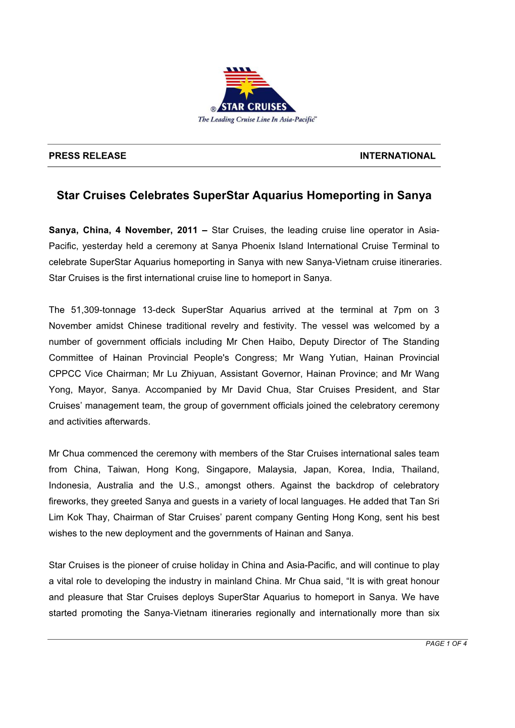 Star Cruises Celebrates Superstar Aquarius Homeporting in Sanya