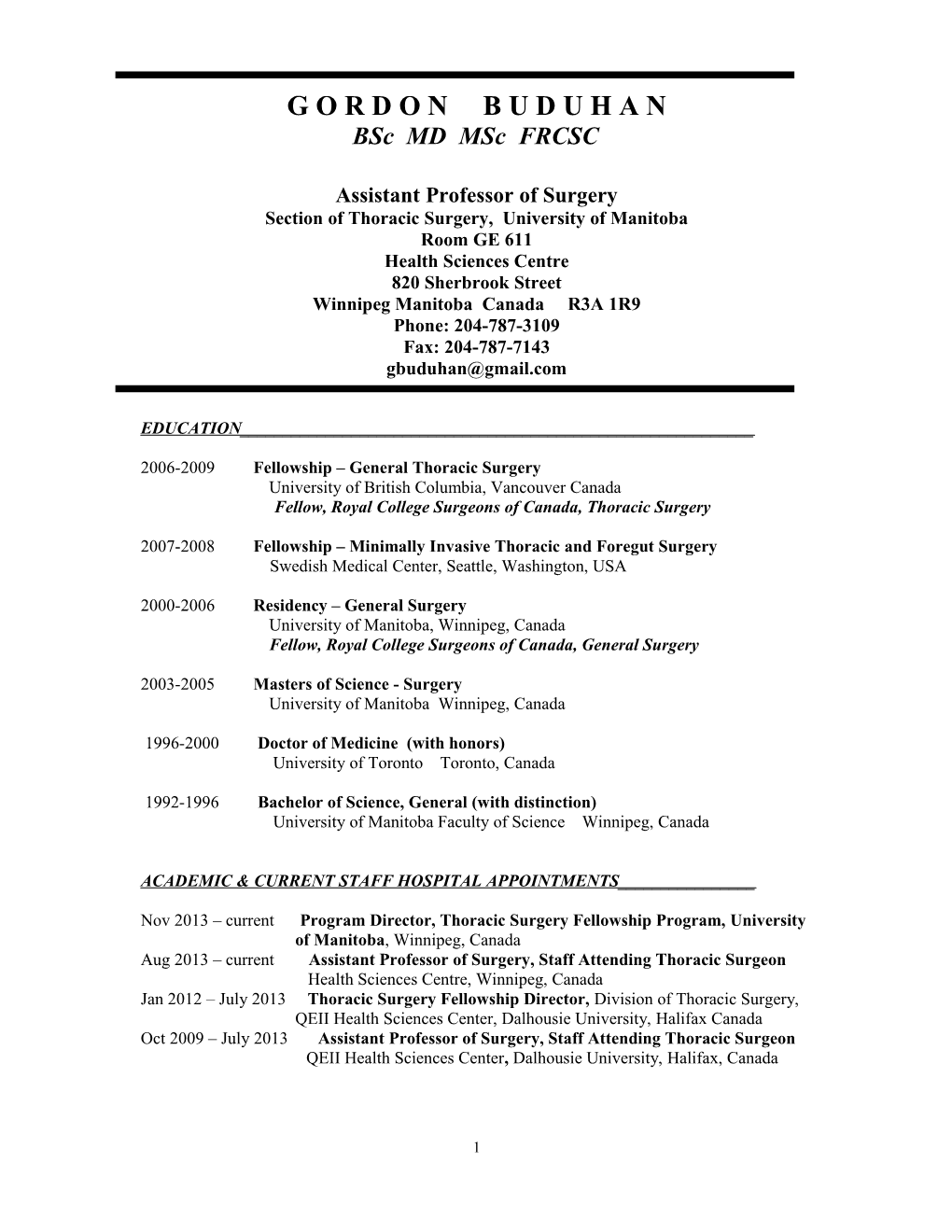 Section of Thoracic Surgery, University of Manitoba